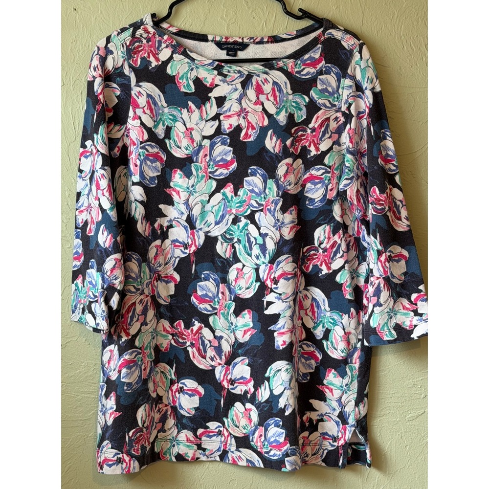 Lands End Womens Floral French Terry‎ Sweatshirt 3/4 Sleeve Navy Pink Blue M